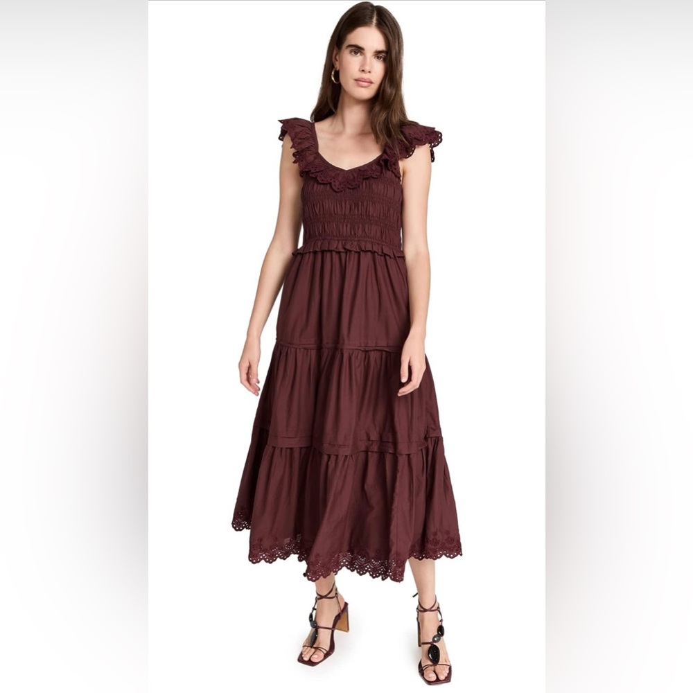 Lucie Embroidered Cotton Midi Dress in Vintage Mulberry
